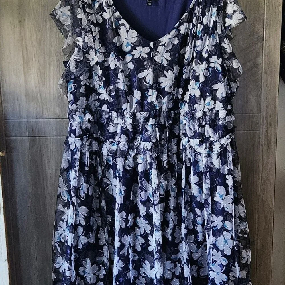 Lane Bryant Flowy Romantic Blue Floral Tulle Tiered Ruffle Dress 22/24 Midi - Picture 5 of 8